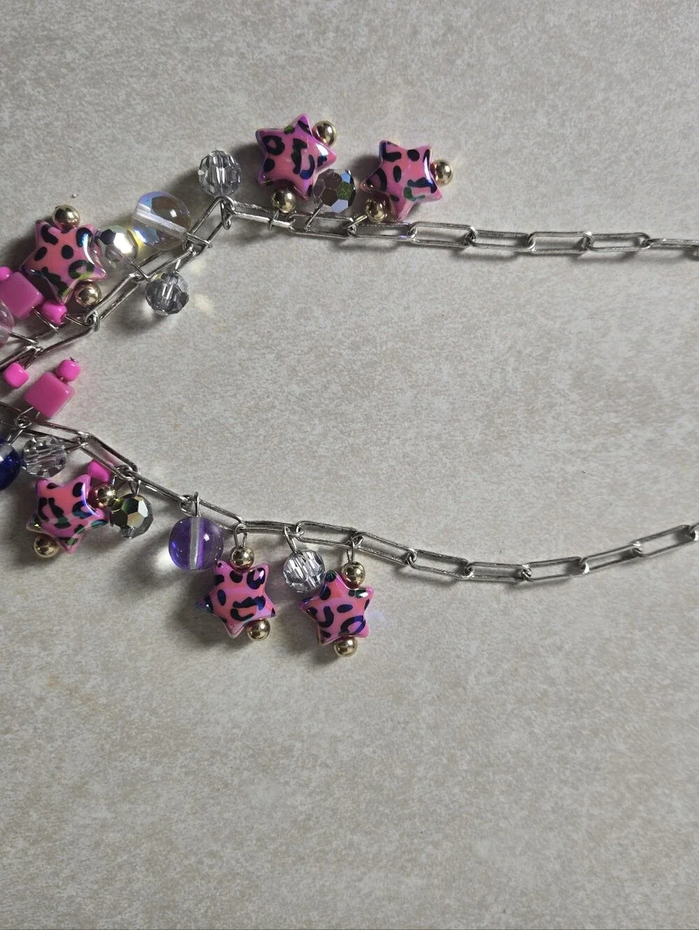 Pink Leopard Charm Necklace with Gray Cat Pendant
